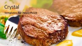  Presentation with steaks - Cool new PPT theme with grilled steaks and vegetable salad backdrop and a yellow colored foreground