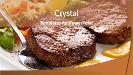  Presentation with steaks - Slide set with grilled steaks and vegetable salad background and a  colored foreground