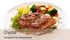  Presentation with steaks - Beautiful slide set featuring grilled steaks and vegetable salad backdrop and a coral colored foreground