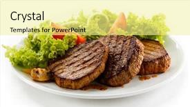  Presentation with steaks - Presentation design enhanced with grilled steaks and vegetables background and a blonde colored foreground