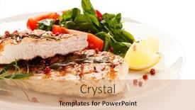  Presentation with steaks - Presentation consisting of grilled steaks and vegetables background and a coral colored foreground