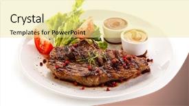  Presentation with grilled - Slide set with grilled steaks and vegetables background and a blonde colored foreground