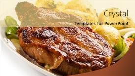  Presentation with steaks - PPT theme consisting of grilled steaks boiled potatoes and vegetable salad background and a blonde colored foreground