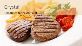  Presentation with steaks - Audience pleasing slides consisting of grilled-steaks-chips-and-vegetables backdrop and a yellow colored foreground