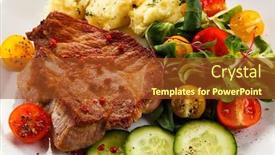  Presentation with steaks - Amazing presentation theme having grilled steaks mashed potatoes and vegetable salad on white background backdrop and a tawny brown colored foreground