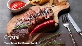  Presentation with cutting board - Amazing PPT layouts having grilled-striploin-sliced-steak backdrop and a tawny brown colored foreground