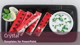  Presentation with dip - PPT theme featuring grilled surimi sticks a form of kamaboko a processed seafood made of white fish flesh with garlic dip background and a tawny brown colored foreground