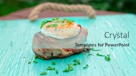  Presentation with tenderloin - Cool new PPT theme with grilled tenderloin steak wrapped in bacon with egg and chopped herbs backdrop and a arctic colored foreground
