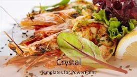  Presentation with hot sauce - Audience pleasing presentation consisting of grilled tiger prawns with green backdrop and a gold colored foreground