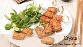  Presentation with soya sauce - PPT theme consisting of grilled tofu and soya sauce background and a coral colored foreground