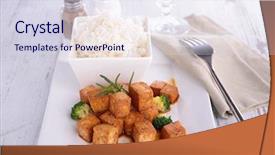  Presentation with soy sauce - Presentation having grilled tofu with soy sauce background and a sky blue colored foreground