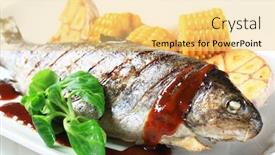  Presentation with sweet corn - PPT theme consisting of grilled trout with sweet corn and brown sauce background and a yellow colored foreground