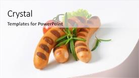  Presentation with sausages - Presentation theme enhanced with grilled wiener sausages on white background background and a pink colored foreground
