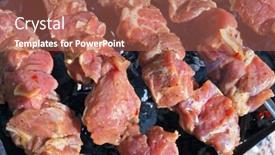  Presentation with food preparation - Presentation theme having grilling marinated meat on a grill - preparation food background and a coral colored foreground