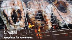  Presentation with grilling - Presentation consisting of grilling salmon steak with milk cream in grid over barbecue background and a tawny brown colored foreground