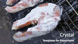  Presentation with grilling - Slide set having grilling salmon steak with milk cream in grid over barbecue background and a ocean colored foreground