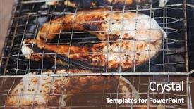  Presentation with grilling - Theme consisting of grilling salmon steak with milk cream in grid over barbecue background and a tawny brown colored foreground