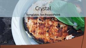  Presentation with grilling - Amazing presentation theme having grilling salmon steak with milk cream in grid over barbecue backdrop and a light blue colored foreground