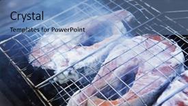  Presentation with grilling - Amazing PPT theme having grilling salmon steak with milk cream in grid over barbecue backdrop and a light blue colored foreground