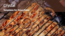  Presentation with bbq chicken - Slide deck having grilling spiced chicken in grid on charcoal bbq with tomatoes and vegetables background and a tawny brown colored foreground