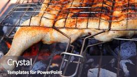  Presentation with bbq chicken - Amazing slide set having grilling spiced chicken in grid on charcoal bbq with tomatoes and vegetables backdrop and a tawny brown colored foreground