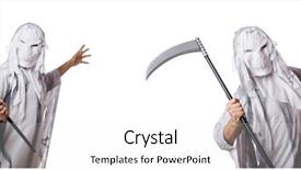  Presentation with crime halloween concept blood dripping - PPT layouts enhanced with grim reaper - monster with scythe in halloween background and a white colored foreground