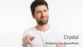  Presentation with finger - PPT theme featuring grimace - image of serious man 30s background and a lemonade colored foreground