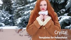  Presentation with winter weather - Beautiful theme featuring grimacing woman having discomfort on winter weather outdoor portrait backdrop and a red colored foreground