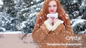  Presentation with winter weather - PPT layouts enhanced with grimacing woman having discomfort on winter weather outdoor portrait background and a coral colored foreground