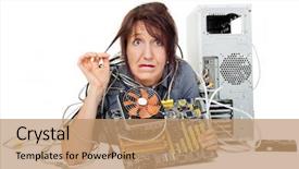  Presentation with computer motherboard - Theme consisting of grimacing woman shown computer motherboard background and a coral colored foreground