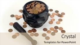  Presentation with mortar - Presentation theme enhanced with grinding for pennies - wood mortar and pestle containing pennies bills on a white background background and a lemonade colored foreground