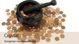  Presentation with mortar - Amazing presentation having grinding for pennies - wood mortar and pestle containing pennies bills on a white background backdrop and a coral colored foreground