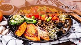  Presentation with leafy vegetables farm to table - Amazing PPT theme having groats with lentils and vegetables backdrop and a  colored foreground