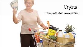  Presentation with groceries cart - Presentation theme with groceries and stacks of money background and a white colored foreground