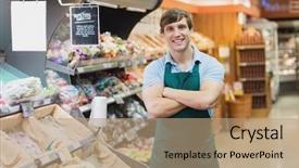  Presentation with portrait happy family smiling - PPT layouts consisting of grocers store - portrait of man grocer smiling background and a coral colored foreground