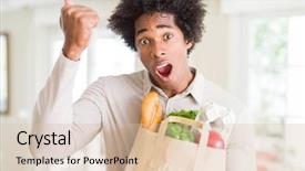  Presentation with generational african american culture and food - Audience pleasing slide set consisting of grocery - african american man holding groceries bag backdrop and a  colored foreground