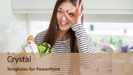  Presentation with fresh fruits vegetables groceries paper - Colorful PPT theme enhanced with grocery - beautiful asian woman holding paper bag backdrop and a coral colored foreground