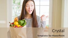  Presentation with fresh fruits vegetables groceries paper - Slide deck consisting of grocery - beautiful asian woman holding paper bag background and a coral colored foreground