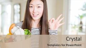  Presentation with fresh fruits vegetables groceries paper - Audience pleasing PPT layouts consisting of grocery - beautiful asian woman holding paper bag backdrop and a mint green colored foreground