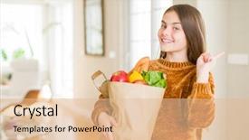  Presentation with fresh fruits vegetables groceries paper - Colorful slide deck enhanced with grocery - beautiful young girl holding paper bag backdrop and a lemonade colored foreground