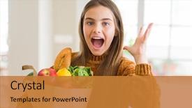  Presentation with paper bag - Theme having grocery - beautiful young girl holding paper bag background and a gold colored foreground