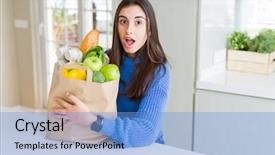  Presentation with santa claus holding scroll paper - PPT theme consisting of grocery - beautiful young woman holding paper bag background and a light blue colored foreground