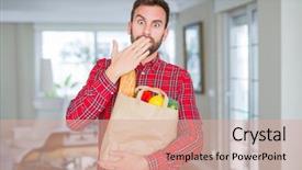  Presentation with woman covering man mouth hand - PPT theme consisting of grocery - handsome man holding groceries bag cover background and a coral colored foreground