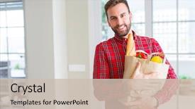  Presentation with paper bag - Slide set consisting of grocery - handsome man holding paper bag full background and a soft green colored foreground