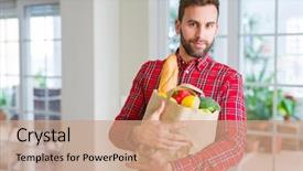  Presentation with fresh fruits vegetables groceries paper - PPT layouts with grocery - handsome man holding paper bag full background and a coral colored foreground