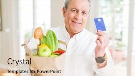  Presentation with fresh fruits vegetables groceries paper - Cool new PPT theme with grocery - handsome senior man holding paper bag backdrop and a lemonade colored foreground