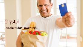  Presentation with credit card - PPT theme enhanced with grocery - middle age man holding groceries bag background and a lemonade colored foreground