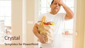  Presentation with online grocery shopping - Theme featuring grocery - middle age man holding groceries shopping background and a lemonade colored foreground