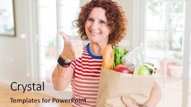  Presentation with fresh fruits vegetables groceries paper - PPT theme consisting of grocery - senior woman holding paper bag full background and a lemonade colored foreground