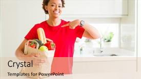  Presentation with paper bag - Presentation featuring grocery - young african american woman holding paper background and a lemonade colored foreground